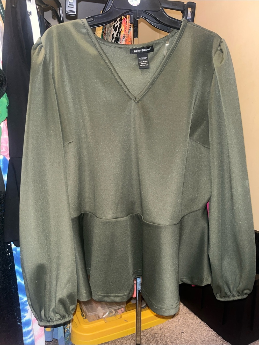 Ashley Stewart Olive Green V-Neck Peplum Blouse